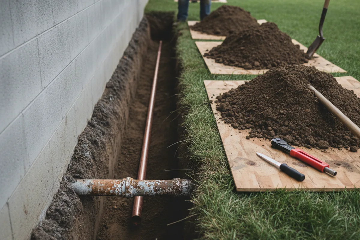 Excavated water line trench during Sewer Line Repair in Piqua